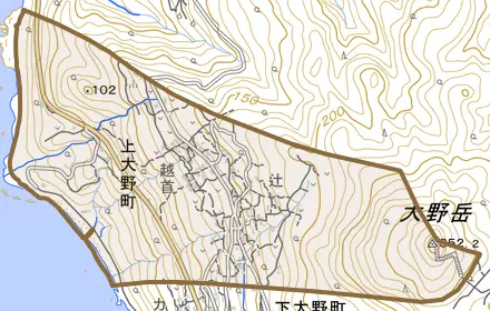 上大野町とその周辺の地図。町の範囲を重ねている