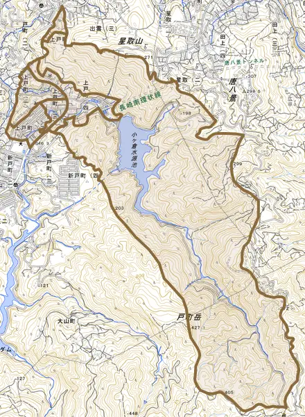 上戸町とその周辺の地図。町の範囲を重ねている