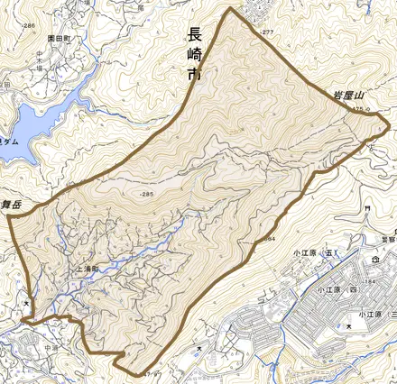上浦町とその周辺の地図。町の範囲を重ねている