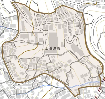 上銭座町とその周辺の地図。町の範囲を重ねている