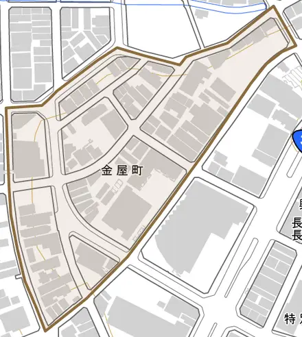 金屋町とその周辺の地図。町の範囲を重ねている