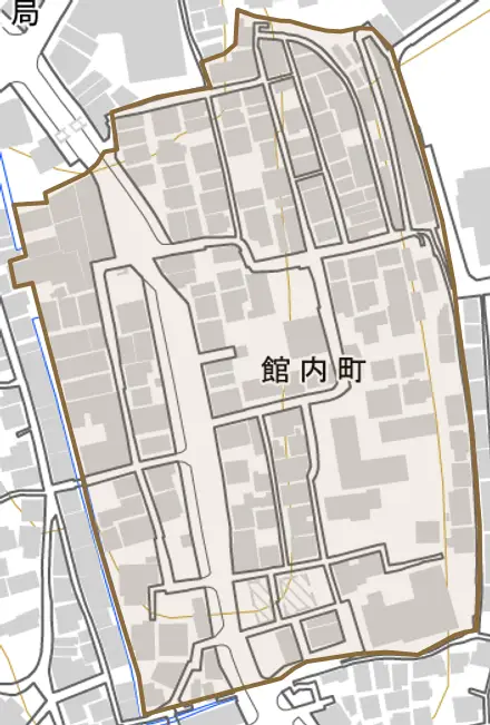 館内町とその周辺の地図。町の範囲を重ねている