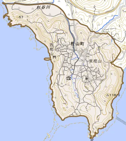 樫山町とその周辺の地図。町の範囲を重ねている
