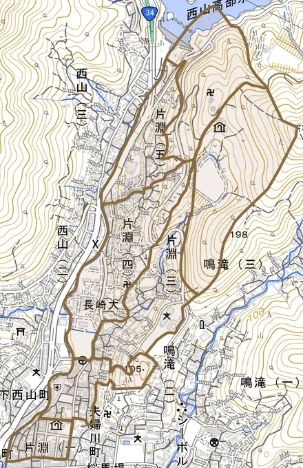 片淵とその周辺の地図。町の範囲を重ねている