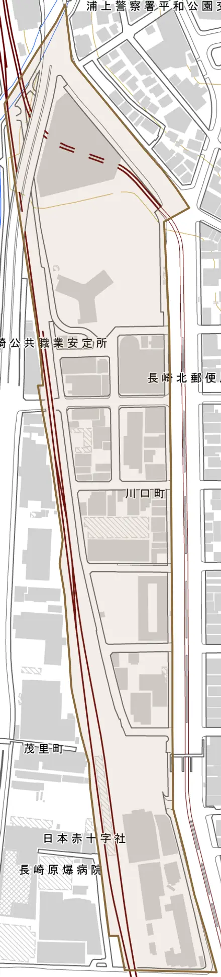 川口町とその周辺の地図。町の範囲を重ねている