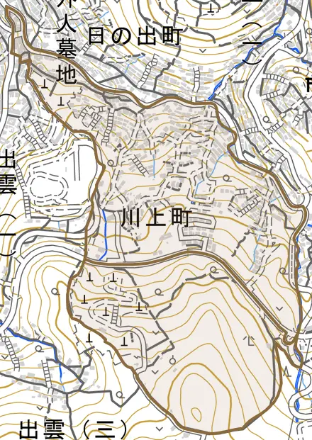川上町とその周辺の地図。町の範囲を重ねている