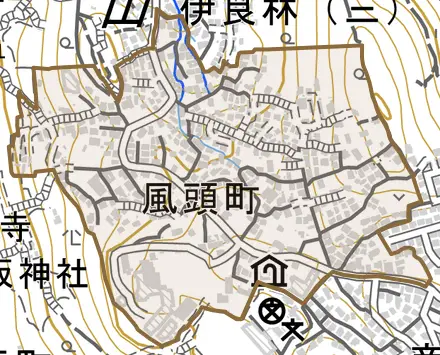 風頭町とその周辺の地図。町の範囲を重ねている
