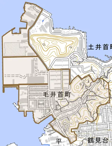 毛井首町とその周辺の地図。町の範囲を重ねている
