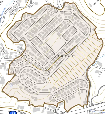 けやき台町とその周辺の地図。町の範囲を重ねている