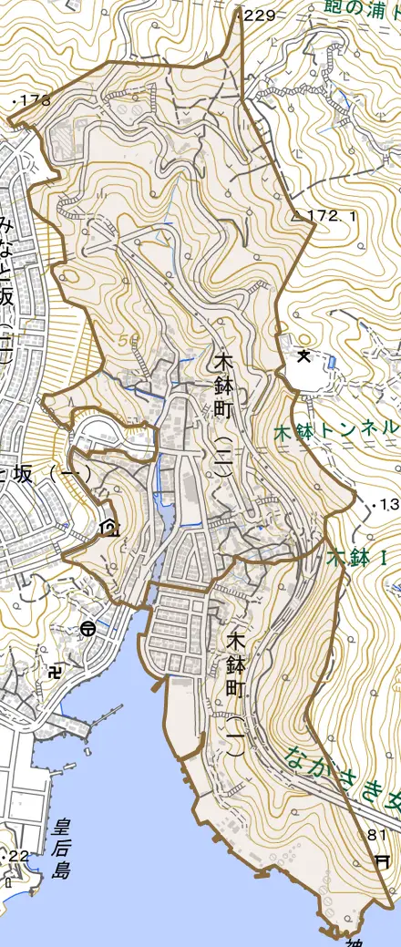 木鉢町とその周辺の地図。町の範囲を重ねている