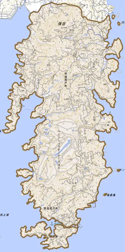 琴海尾戸町とその周辺の地図。町の範囲を重ねている