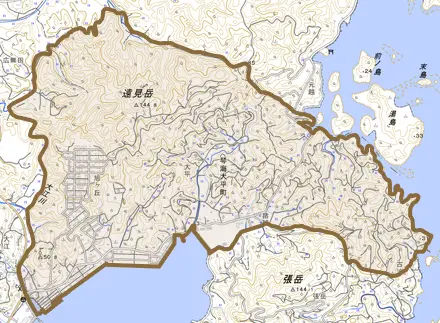 琴海大平町とその周辺の地図。町の範囲を重ねている