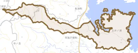 琴海戸根原町とその周辺の地図。町の範囲を重ねている