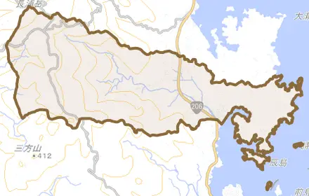 琴海戸根町とその周辺の地図。町の範囲を重ねている