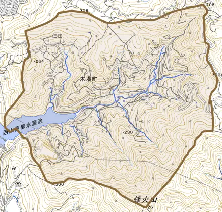 木場町とその周辺の地図。町の範囲を重ねている