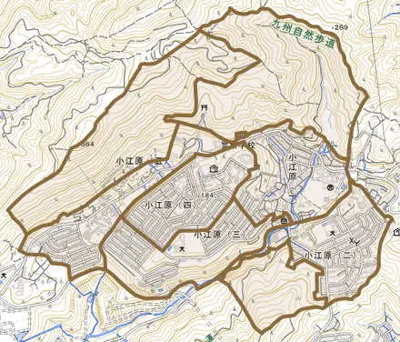 小江原とその周辺の地図。町の範囲を重ねている
