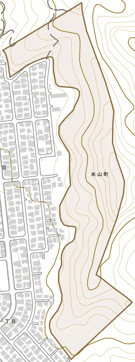 米山町とその周辺の地図。町の範囲を重ねている