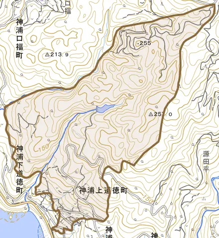 神浦上道徳町とその周辺の地図。町の範囲を重ねている