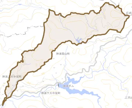 神浦北大中尾町とその周辺の地図。町の範囲を重ねている