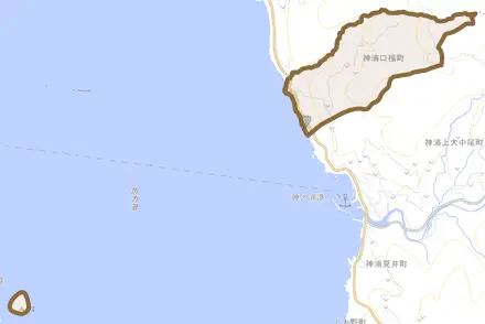 神浦口福町とその周辺の地図。町の範囲を重ねている