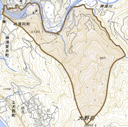 神浦向町とその周辺の地図。町の範囲を重ねている