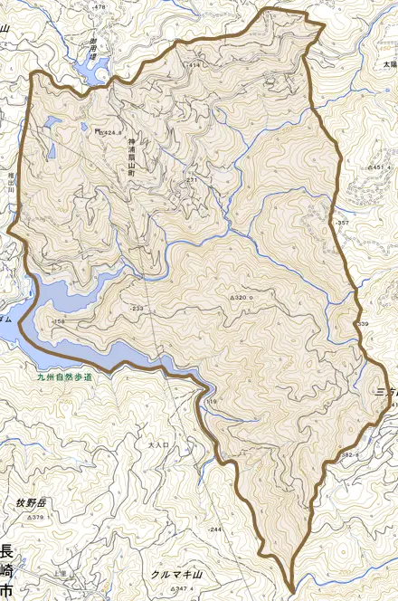 神浦扇山町とその周辺の地図。町の範囲を重ねている