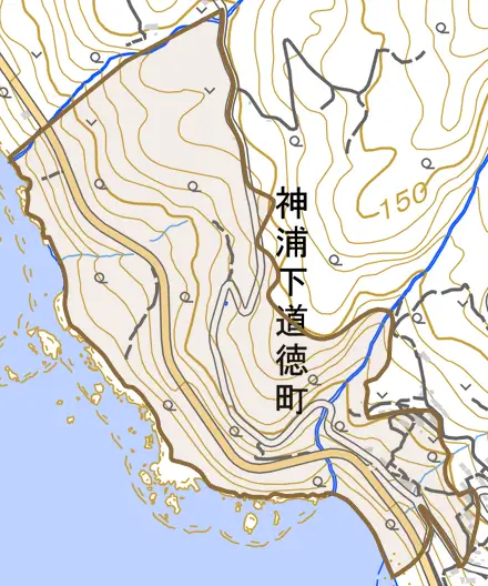神浦下道徳町とその周辺の地図。町の範囲を重ねている
