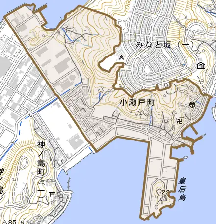 小瀬戸町とその周辺の地図。町の範囲を重ねている