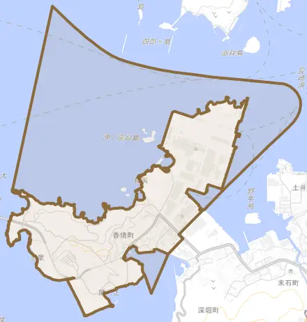 香焼町とその周辺の地図。町の範囲を重ねている
