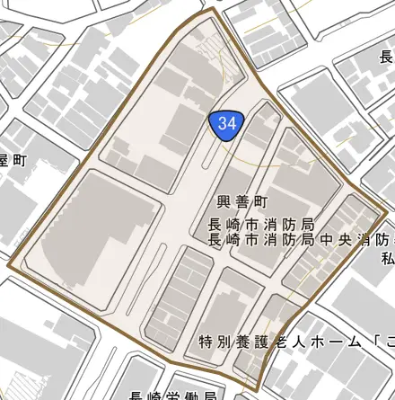 興善町とその周辺の地図。町の範囲を重ねている