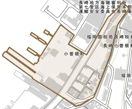 小曽根町とその周辺の地図。町の範囲を重ねている