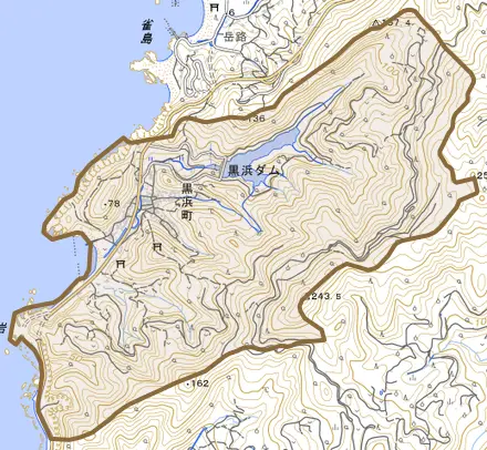 黒浜町とその周辺の地図。町の範囲を重ねている