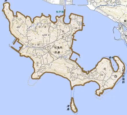 牧島町とその周辺の地図。町の範囲を重ねている