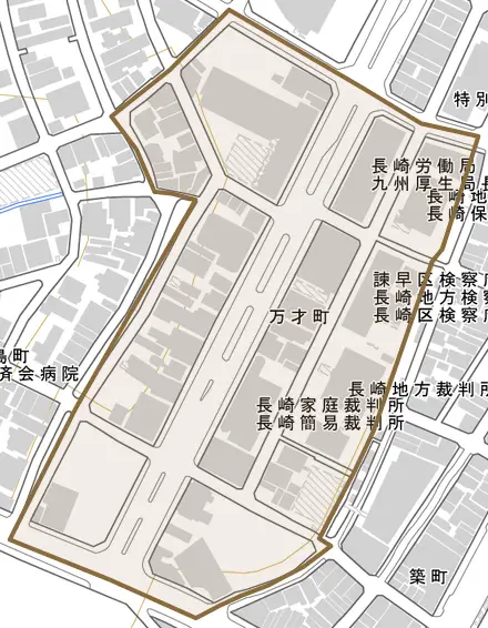 万才町とその周辺の地図。町の範囲を重ねている