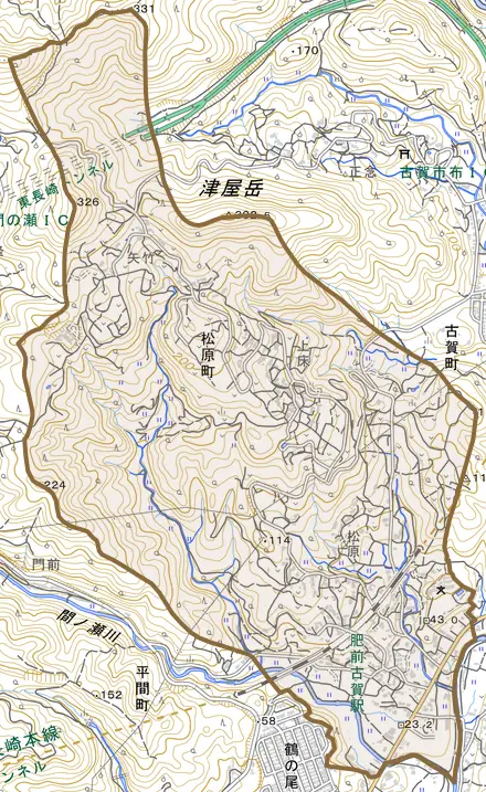 松原町とその周辺の地図。町の範囲を重ねている