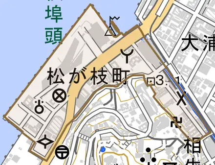 松が枝町とその周辺の地図。町の範囲を重ねている