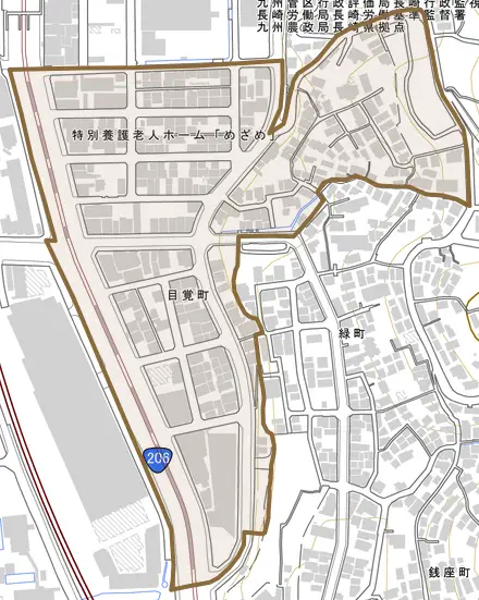目覚町とその周辺の地図。町の範囲を重ねている