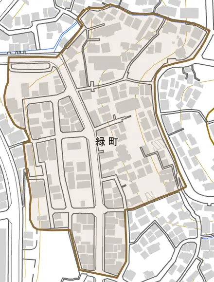 緑町とその周辺の地図。町の範囲を重ねている