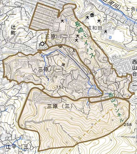 三原とその周辺の地図。町の範囲を重ねている