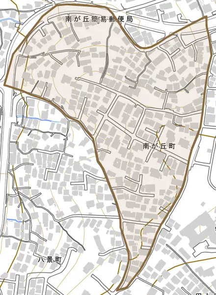 南が丘町とその周辺の地図。町の範囲を重ねている