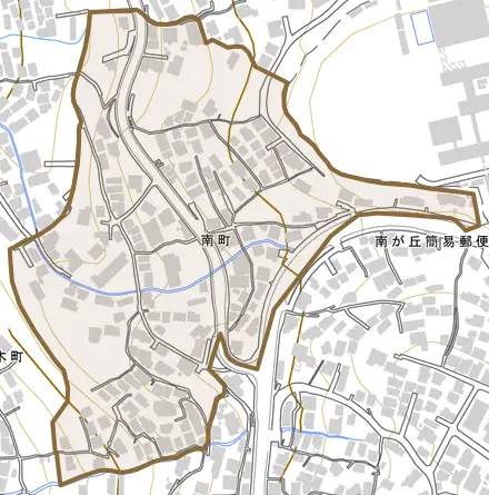 南町とその周辺の地図。町の範囲を重ねている