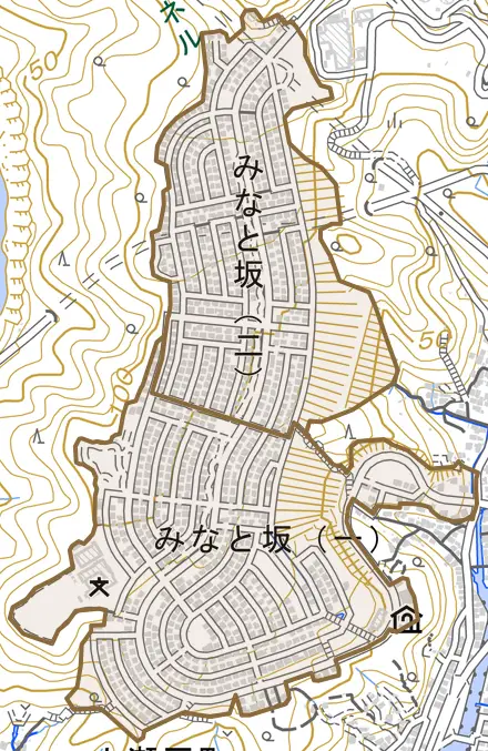 みなと坂とその周辺の地図。町の範囲を重ねている