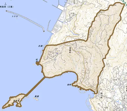 見崎町とその周辺の地図。町の範囲を重ねている