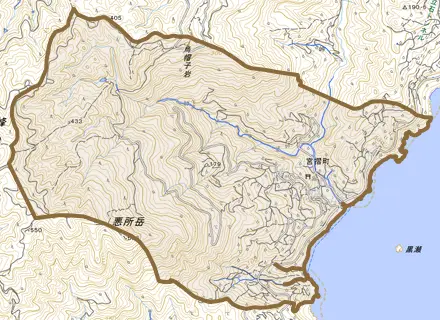 宮摺町とその周辺の地図。町の範囲を重ねている