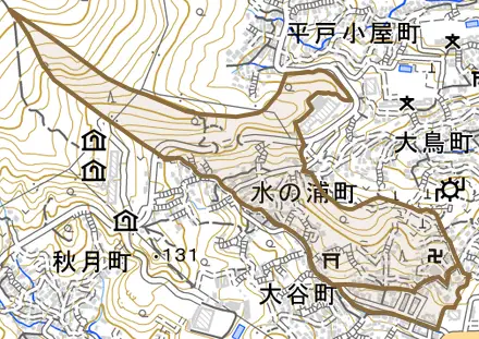 水の浦町とその周辺の地図。町の範囲を重ねている