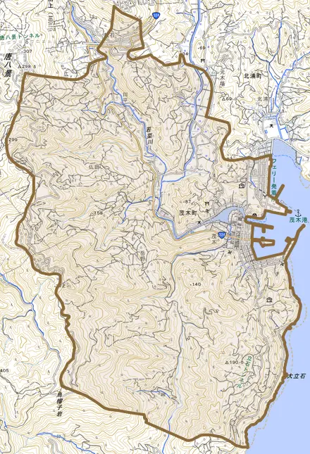 茂木町とその周辺の地図。町の範囲を重ねている