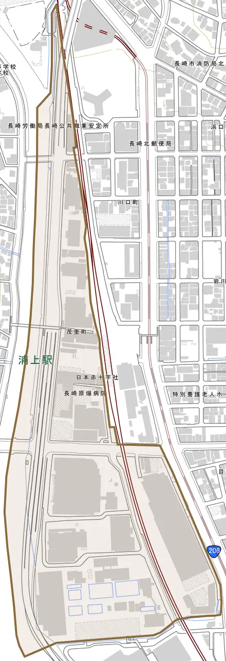 茂里町とその周辺の地図。町の範囲を重ねている
