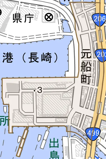 元船町とその周辺の地図。町の範囲を重ねている