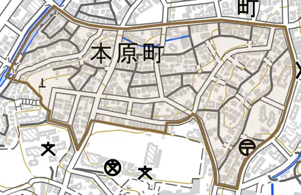 本原町とその周辺の地図。町の範囲を重ねている