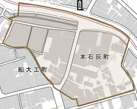 本石灰町とその周辺の地図。町の範囲を重ねている